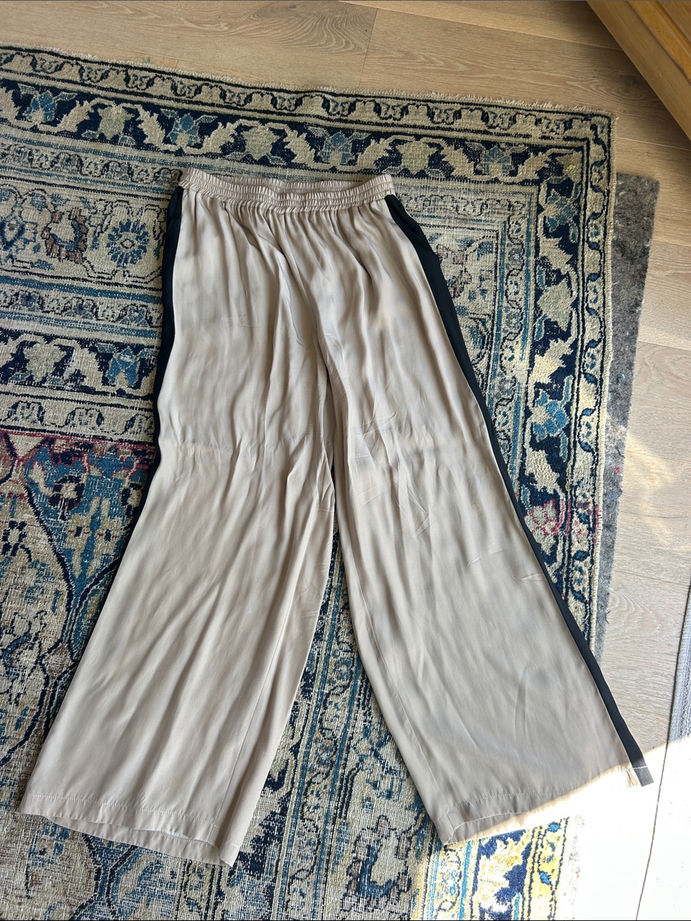 Gold Hawk Wide Leg Silk Pants with Black Side Trim